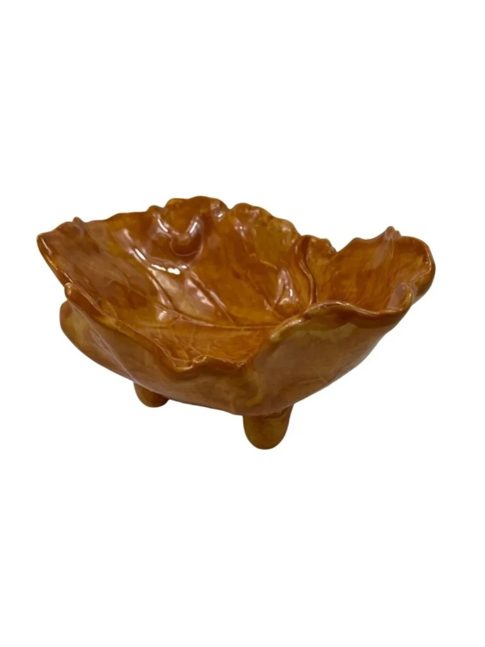 Handcrafted Vintage Leaf-Shaped Pottery Bowl With Pedestal Feet